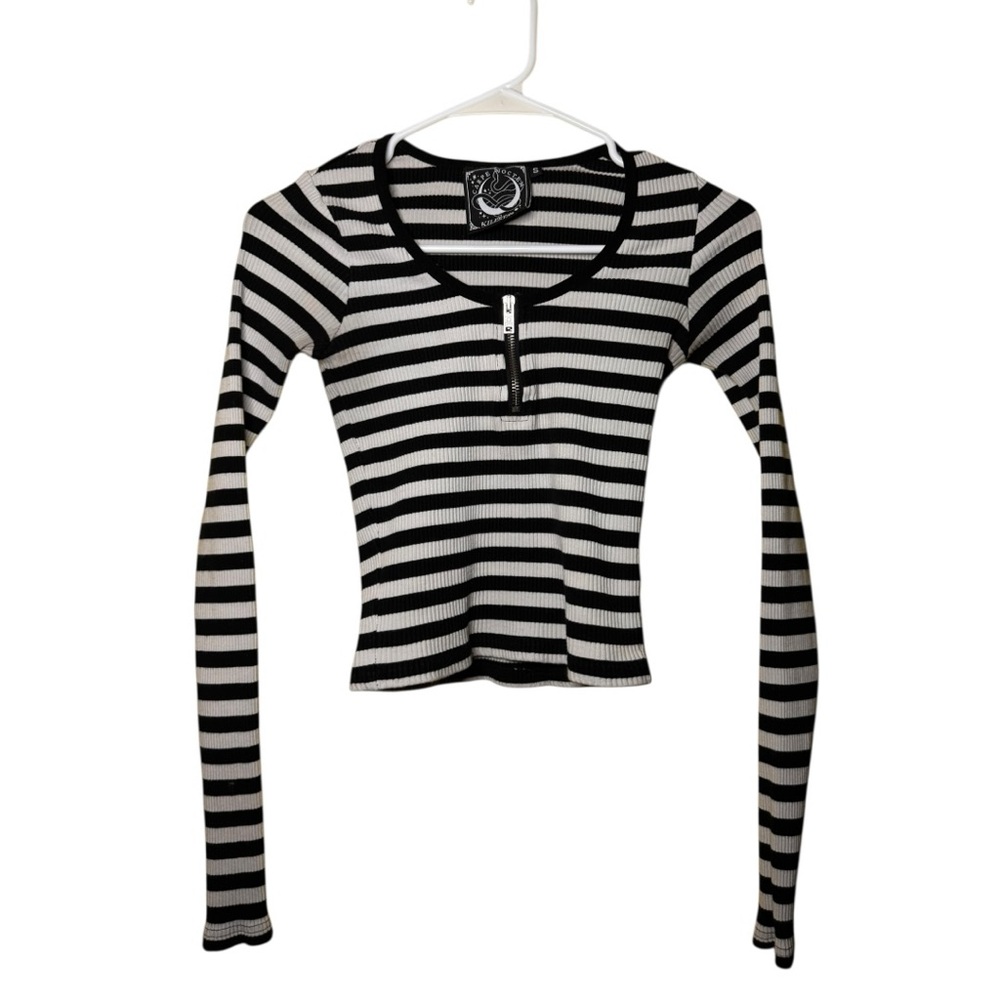 Killstar Izora White and Black Stripe Ribbed Long Sleeve Fall Top - Picture 2 of 8